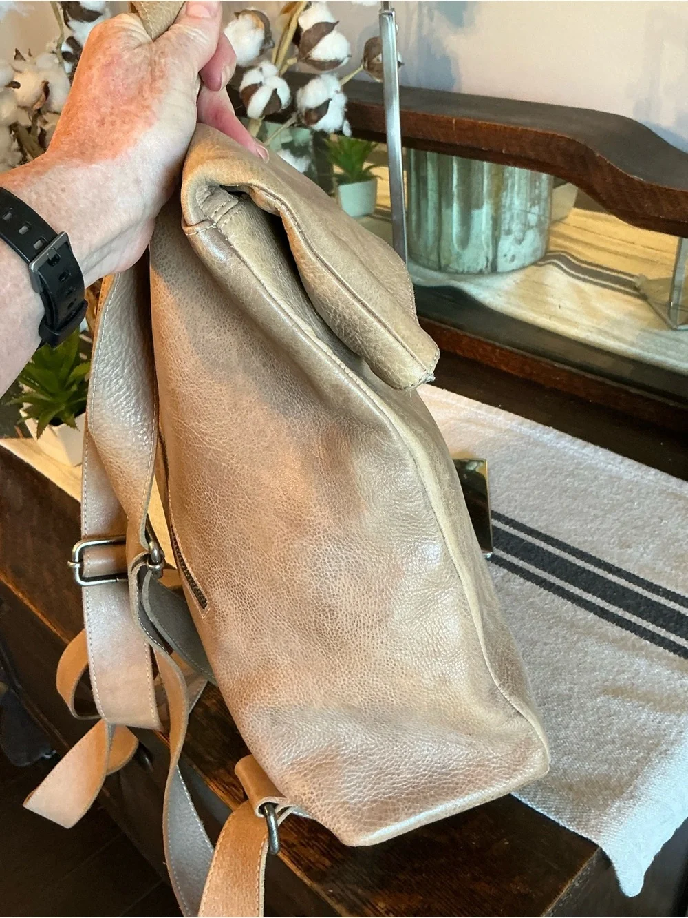 Bed Stu Leather Howie Flapover Leather Backpack Lt Gray Glove Brown $365